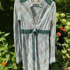 Plaid Long Sleeve Dress with Lace Accents